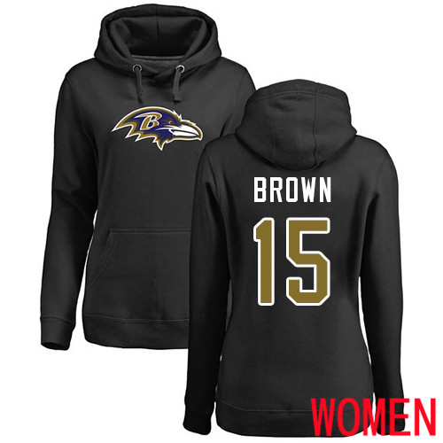 Baltimore Ravens Black Women Marquise Brown Name and Number Logo NFL Football #15 Pullover Hoodie Sweatshirt->women nfl jersey->Women Jersey